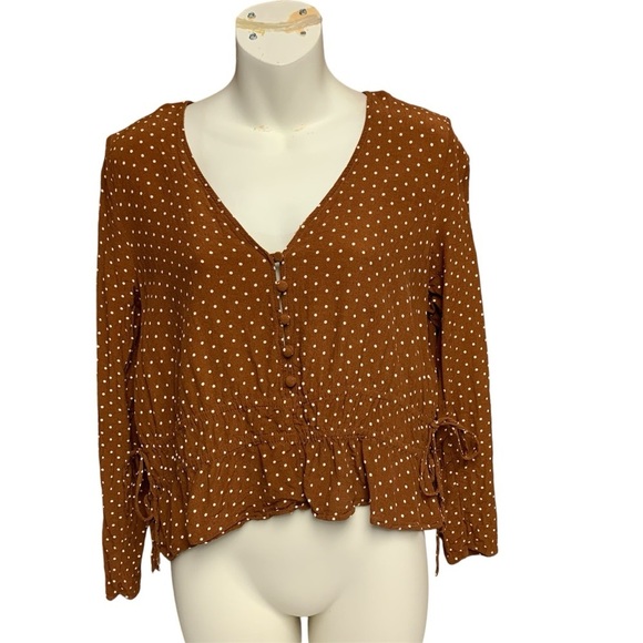 H&M dark brown slightly cropped top size 10 white dotted double ties on sides - Picture 1 of 8